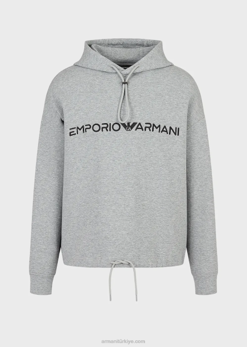 erkekler Armani İşlemeli logolu çift jarse kapüşonlu sweatshirt gri T8HD1587