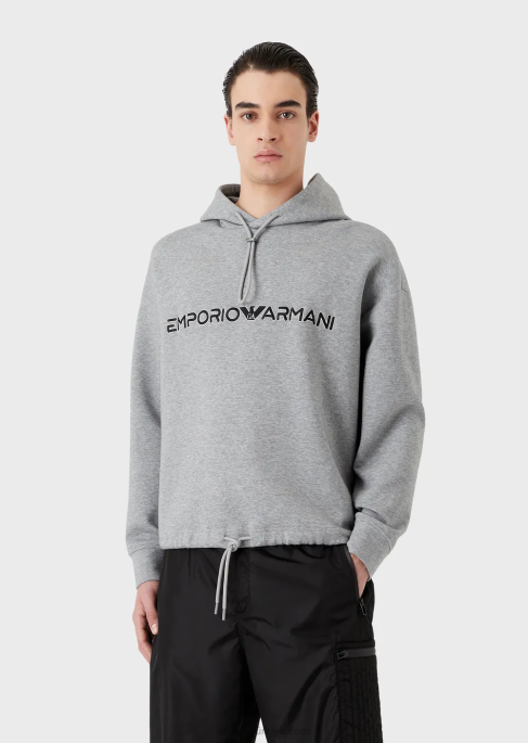erkekler Armani İşlemeli logolu çift jarse kapüşonlu sweatshirt gri T8HD1587