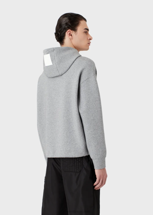 erkekler Armani İşlemeli logolu çift jarse kapüşonlu sweatshirt gri T8HD1587