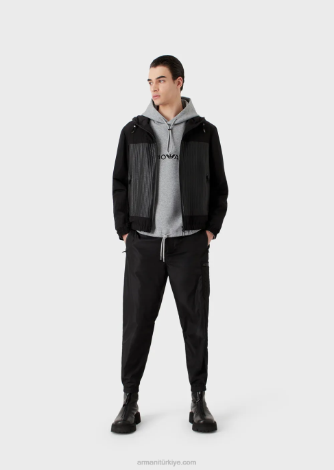 erkekler Armani İşlemeli logolu çift jarse kapüşonlu sweatshirt gri T8HD1587