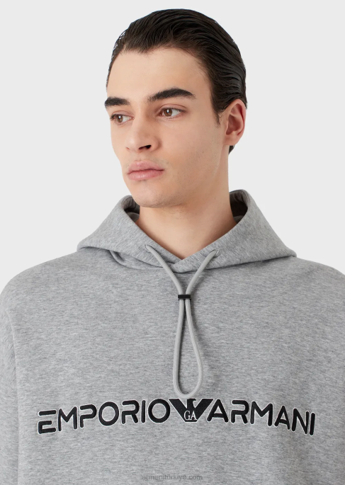 erkekler Armani İşlemeli logolu çift jarse kapüşonlu sweatshirt gri T8HD1587