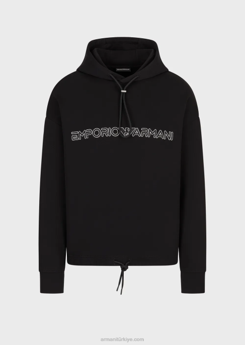 erkekler Armani İşlemeli logolu çift jarse kapüşonlu sweatshirt siyah T8HD1586