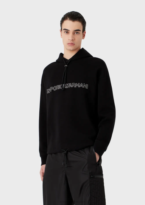 erkekler Armani İşlemeli logolu çift jarse kapüşonlu sweatshirt siyah T8HD1586