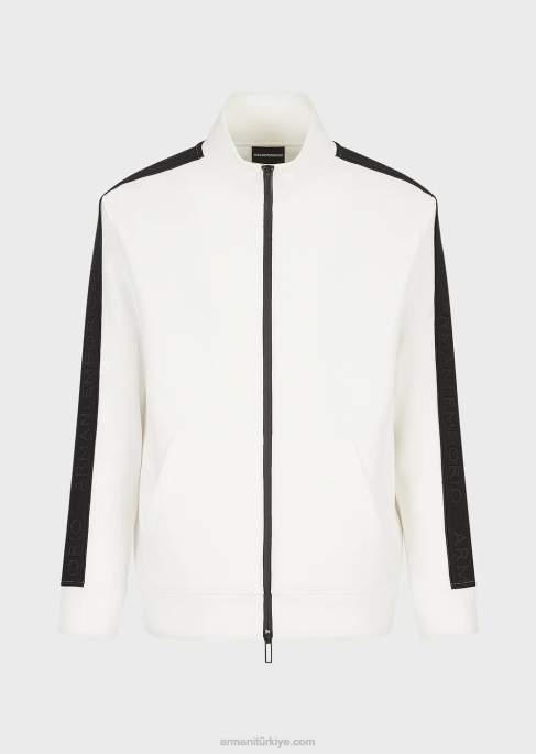 erkekler Armani logo şeritli, çift jarse tam boy fermuarlı sweatshirt beyaz T8HD1437
