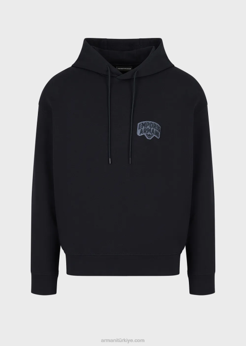 erkekler Armani logo işlemeli çift jarse kapüşonlu sweatshirt lacivert T8HD1573