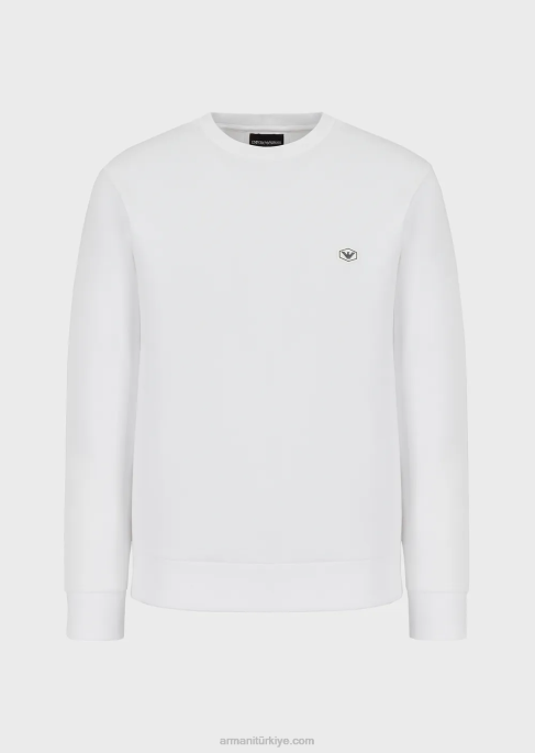 erkekler Armani mikro logo yamalı bisiklet yaka sweatshirt beyaz T8HD1429