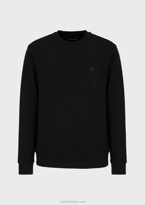erkekler Armani mikro logo yamalı bisiklet yaka sweatshirt siyah T8HD1431