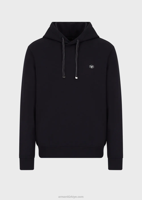 erkekler Armani mikro logo yamalı kapüşonlu sweatshirt lacivert T8HD1387