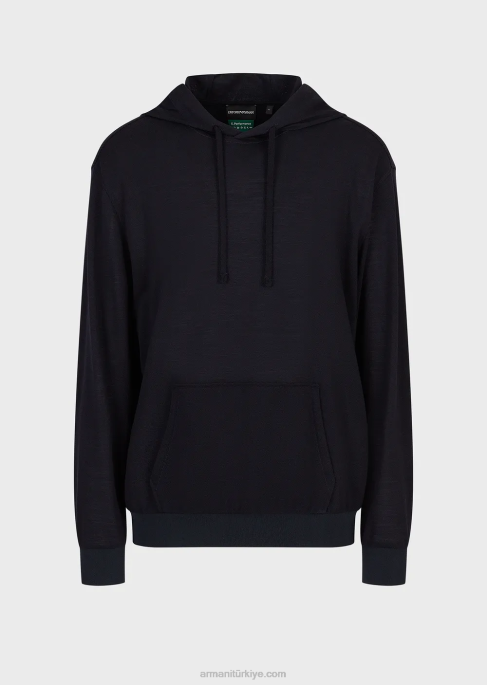 erkekler Armani okaliptüs yünü karışımlı pike içinde kapüşonlu kazak lacivert T8HD1589