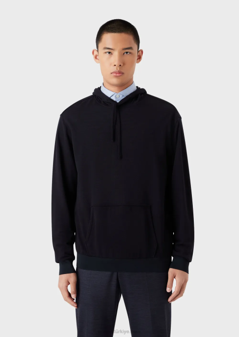 erkekler Armani okaliptüs yünü karışımlı pike içinde kapüşonlu kazak lacivert T8HD1589