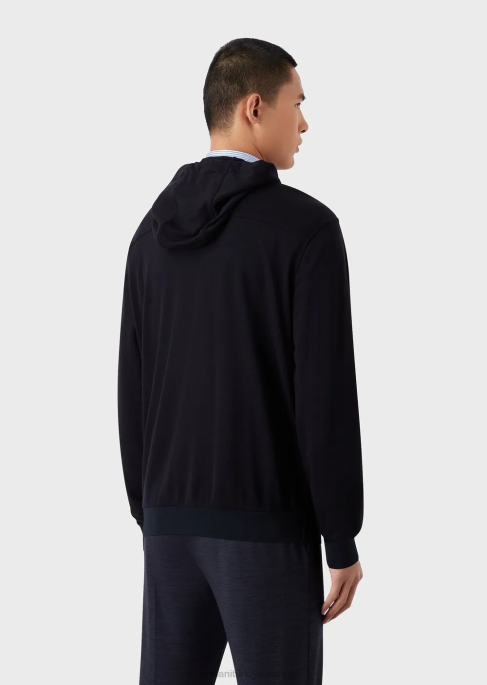 erkekler Armani okaliptüs yünü karışımlı pike içinde kapüşonlu kazak lacivert T8HD1589