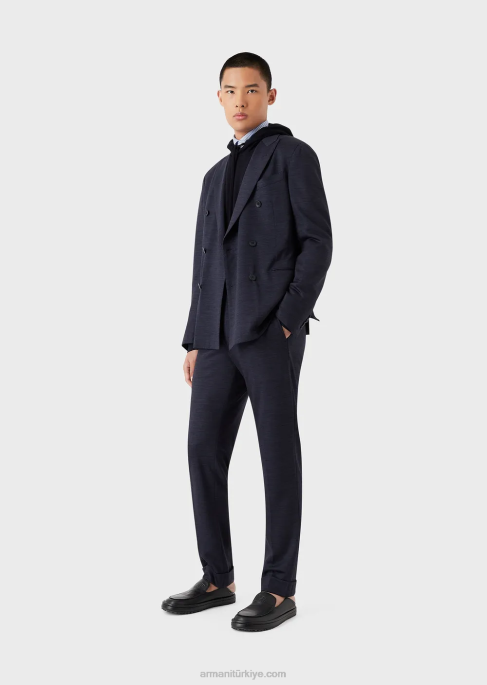 erkekler Armani okaliptüs yünü karışımlı pike içinde kapüşonlu kazak lacivert T8HD1589