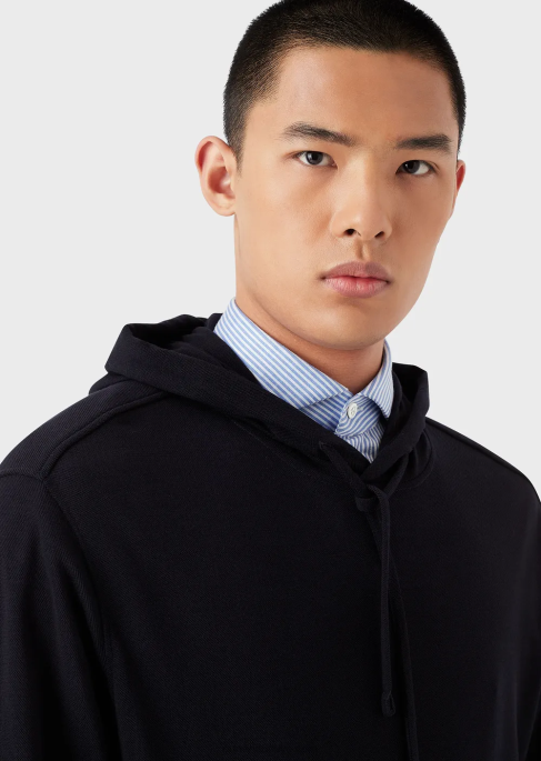 erkekler Armani okaliptüs yünü karışımlı pike içinde kapüşonlu kazak lacivert T8HD1589