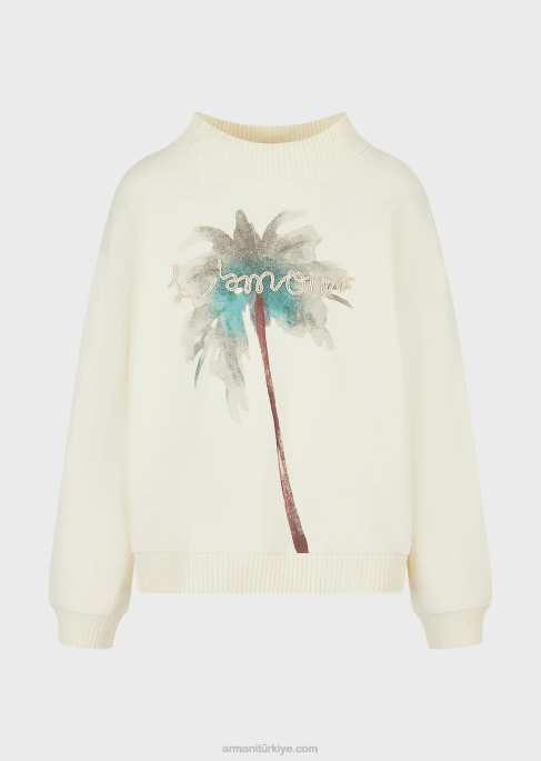 erkekler Armani palmiye ağacı baskılı ve l'amour işlemeli sweatshirt beyaz T8HD1590