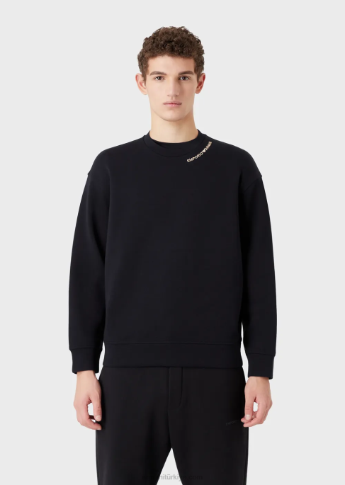 erkekler Armani yakası logo işlemeli çift jarse sweatshirt lacivert T8HD1416