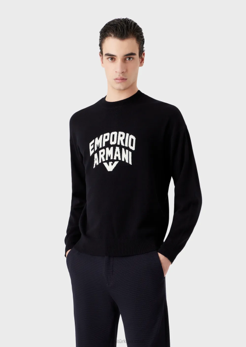 erkekler Armani Kalın jakar logolu bakir yün kazak lacivert T8HD1222