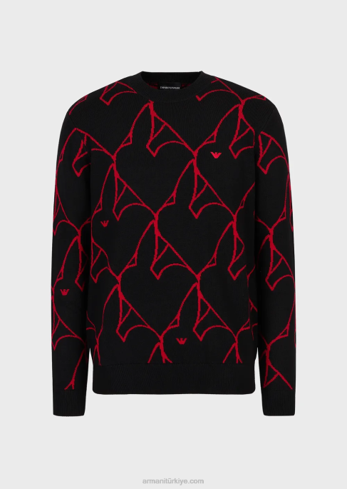 erkekler Armani Tamamı jakarlı tavşan logolu bakire yün kazak siyah T8HD1248