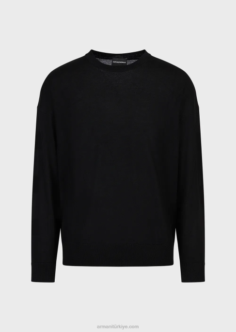 erkekler Armani büyük boy kakmalı örgü logolu bakire yün kazak siyah T8HD1231