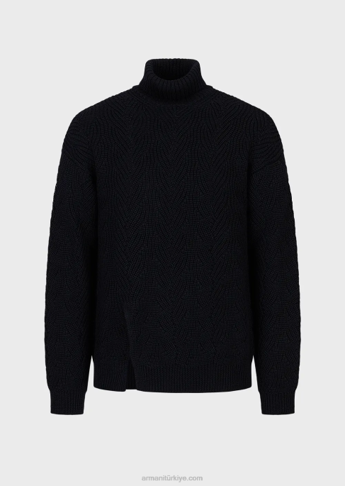 erkekler Armani bakire yün karışımından İngiliz nervür örgülü yuvarlak yaka lacivert T8HD1243