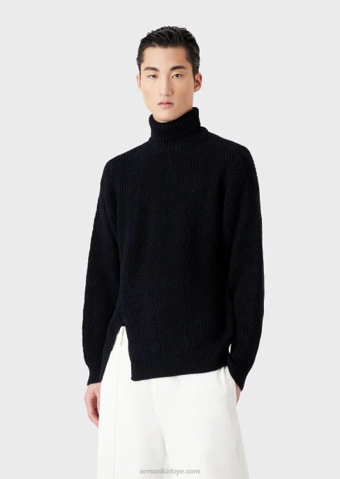 erkekler Armani bakire yün karışımından İngiliz nervür örgülü yuvarlak yaka lacivert T8HD1243