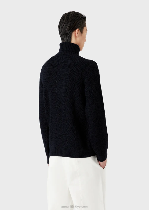 erkekler Armani bakire yün karışımından İngiliz nervür örgülü yuvarlak yaka lacivert T8HD1243