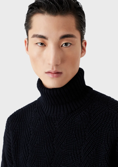 erkekler Armani bakire yün karışımından İngiliz nervür örgülü yuvarlak yaka lacivert T8HD1243