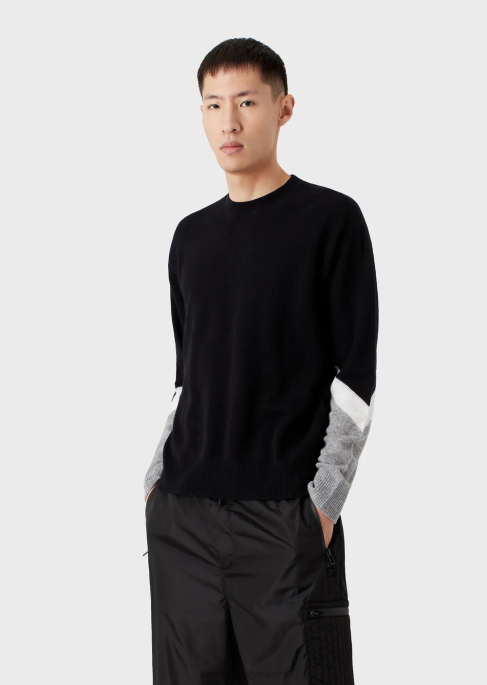 erkekler Armani blok renk detaylı kaşmir yün kazak lacivert T8HD1237