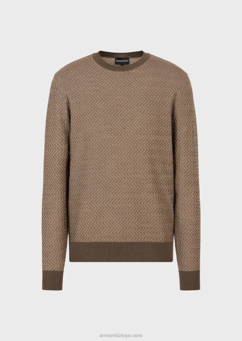 erkekler Armani boydan boya jakarlı şerit motifli bakire yün kazak askeri yeşil T8HD1233