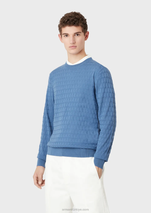 erkekler Armani geometrik jakar motifli saf bakire yün kazak mavi T8HD1246