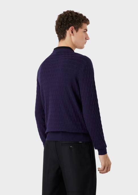 erkekler Armani geometrik jakar motifli saf bakire yün kazak mavi lacivert T8HD1247