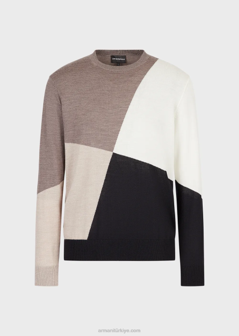 erkekler Armani kontrast işlemeli bakire yün kazak kahverengi T8HD1227