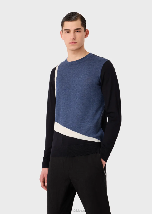 erkekler Armani kontrast işlemeli bakire yün kazak model T8HD1228