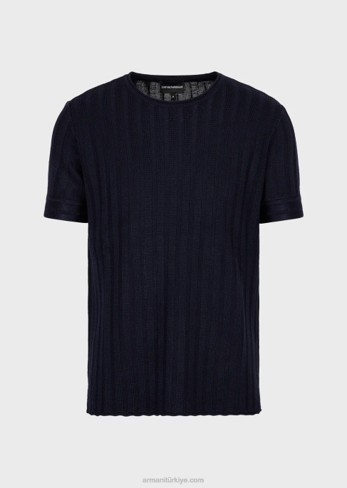 erkekler Armani nervürlü ve plise dikişli yün ve liyosel karışımlı kazak lacivert T8HD1251