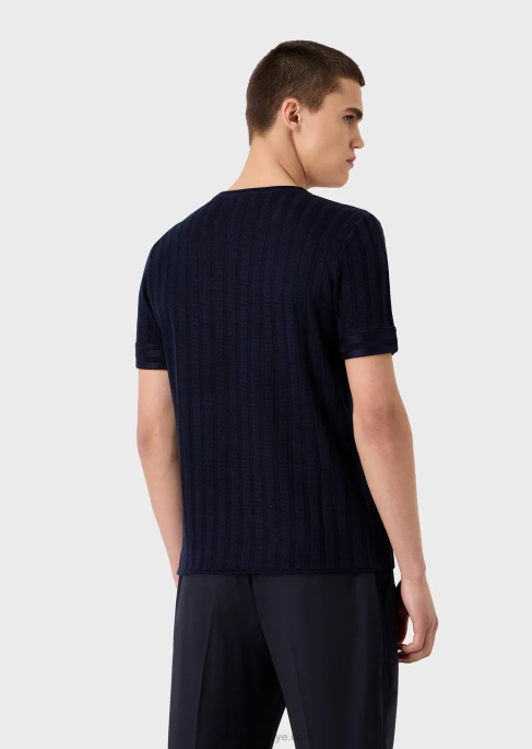 erkekler Armani nervürlü ve plise dikişli yün ve liyosel karışımlı kazak lacivert T8HD1251