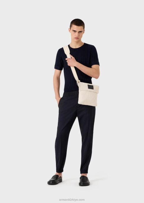 erkekler Armani nervürlü ve plise dikişli yün ve liyosel karışımlı kazak lacivert T8HD1251