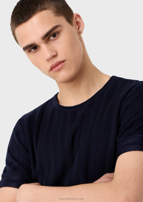 erkekler Armani nervürlü ve plise dikişli yün ve liyosel karışımlı kazak lacivert T8HD1251