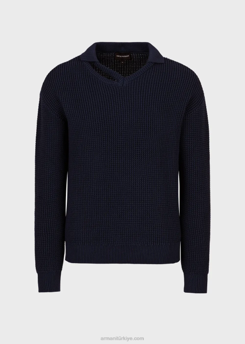 erkekler Armani omzunda gözetleme deliği olan İngiliz lastik örgülü kazak mavi T8HD1257
