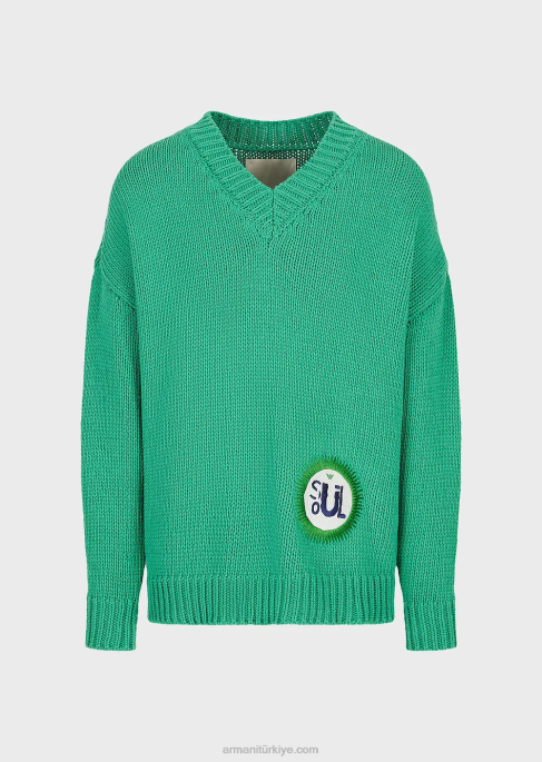 erkekler Armani sürdürülebilir koleksiyon büyük beden v yakalı, yamalı, geri dönüştürülmüş pamuk karışımlı kazak yeşil T8HD1259