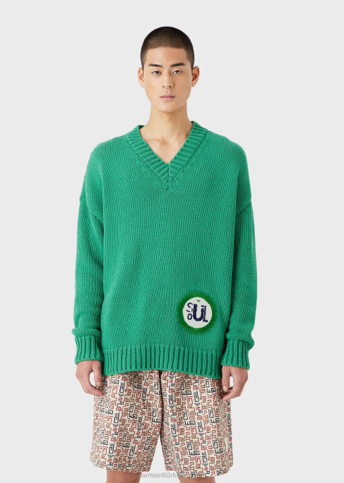 erkekler Armani sürdürülebilir koleksiyon büyük beden v yakalı, yamalı, geri dönüştürülmüş pamuk karışımlı kazak yeşil T8HD1259