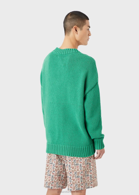 erkekler Armani sürdürülebilir koleksiyon büyük beden v yakalı, yamalı, geri dönüştürülmüş pamuk karışımlı kazak yeşil T8HD1259