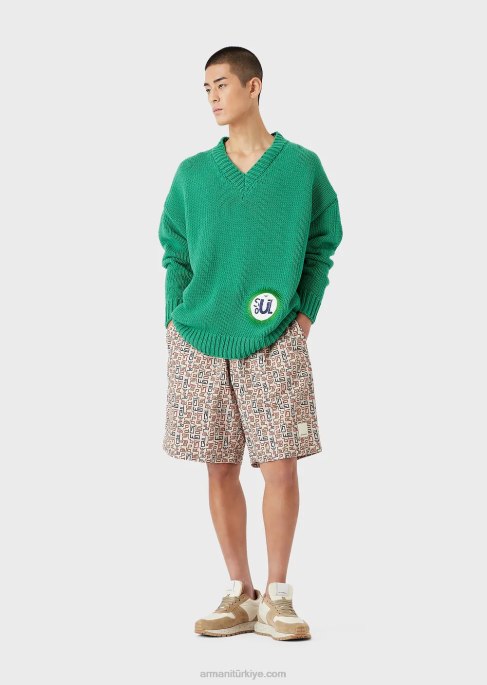 erkekler Armani sürdürülebilir koleksiyon büyük beden v yakalı, yamalı, geri dönüştürülmüş pamuk karışımlı kazak yeşil T8HD1259