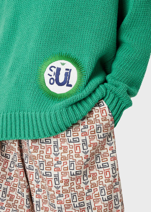 erkekler Armani sürdürülebilir koleksiyon büyük beden v yakalı, yamalı, geri dönüştürülmüş pamuk karışımlı kazak yeşil T8HD1259