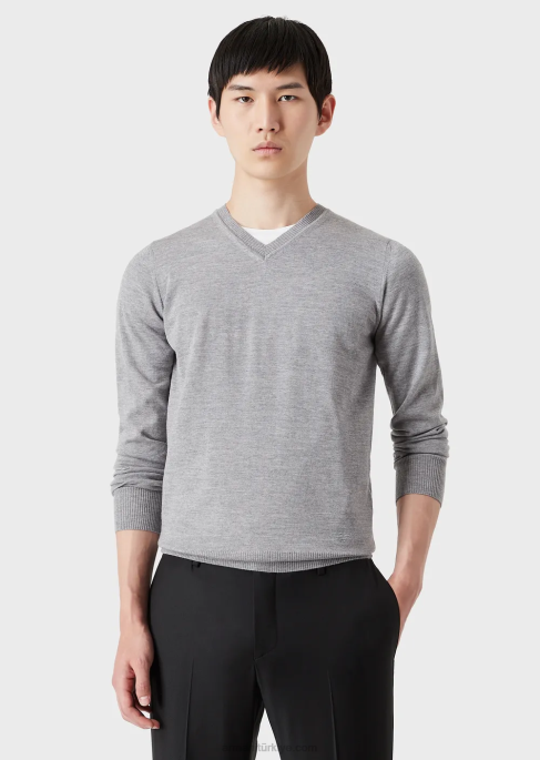 erkekler Armani saf yünden v yakalı kazak açık gri T8HD1267