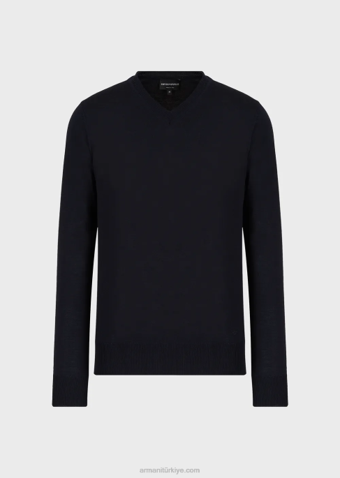 erkekler Armani saf yünden v yakalı kazak lacivert T8HD1268