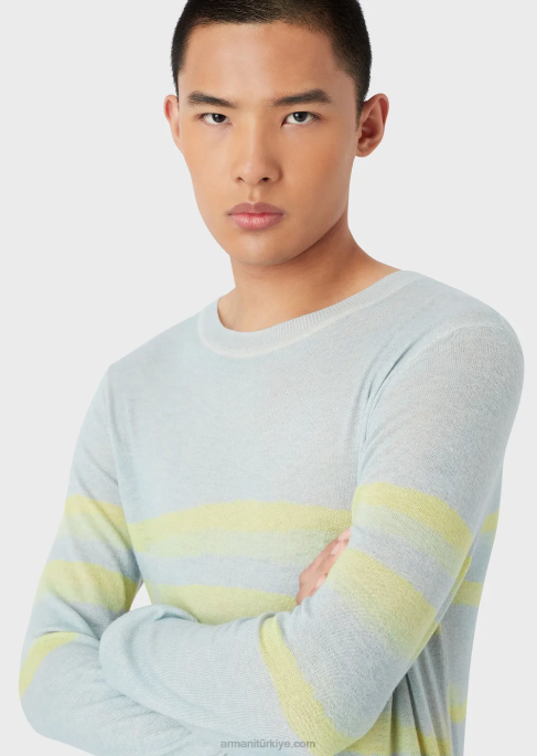 erkekler Armani sulu boya çizgili saf kaşmir süveter masmavi T8HD1215