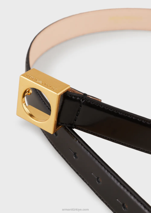kadınlar Armani geometrik tokalı fırçalanmış deri kemer siyah T8HD761