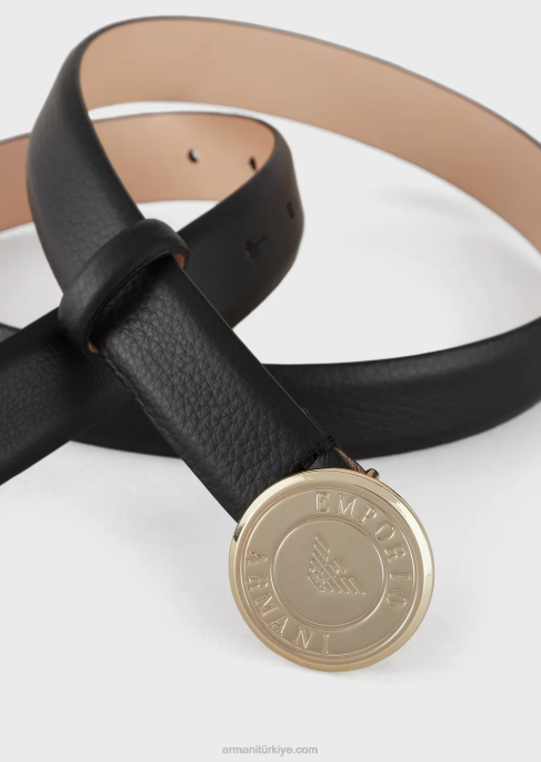 kadınlar Armani madalyon tokalı deri kemer siyah T8HD760
