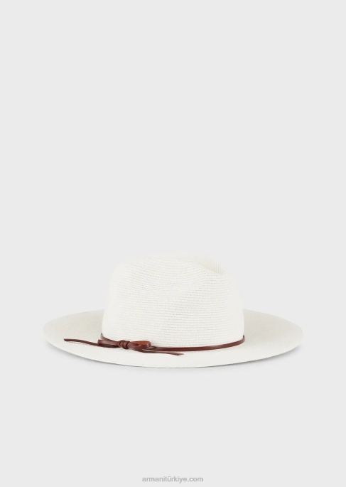 kadınlar Armani deri şeritli ve siperlikli dokuma kağıt iplikli şapkaT8HD776