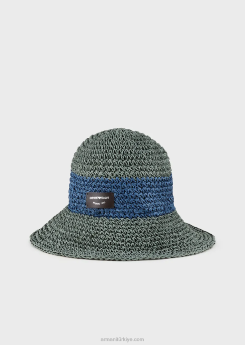 kadınlar Armani logo yama ile dokuma rafya cloche şapkaT8HD773
