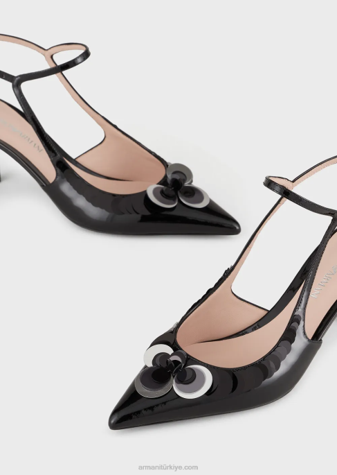 kadınlar Armani büyük boy payetli rugan arkası açık topuklu kort ayakkabısıT8HD510